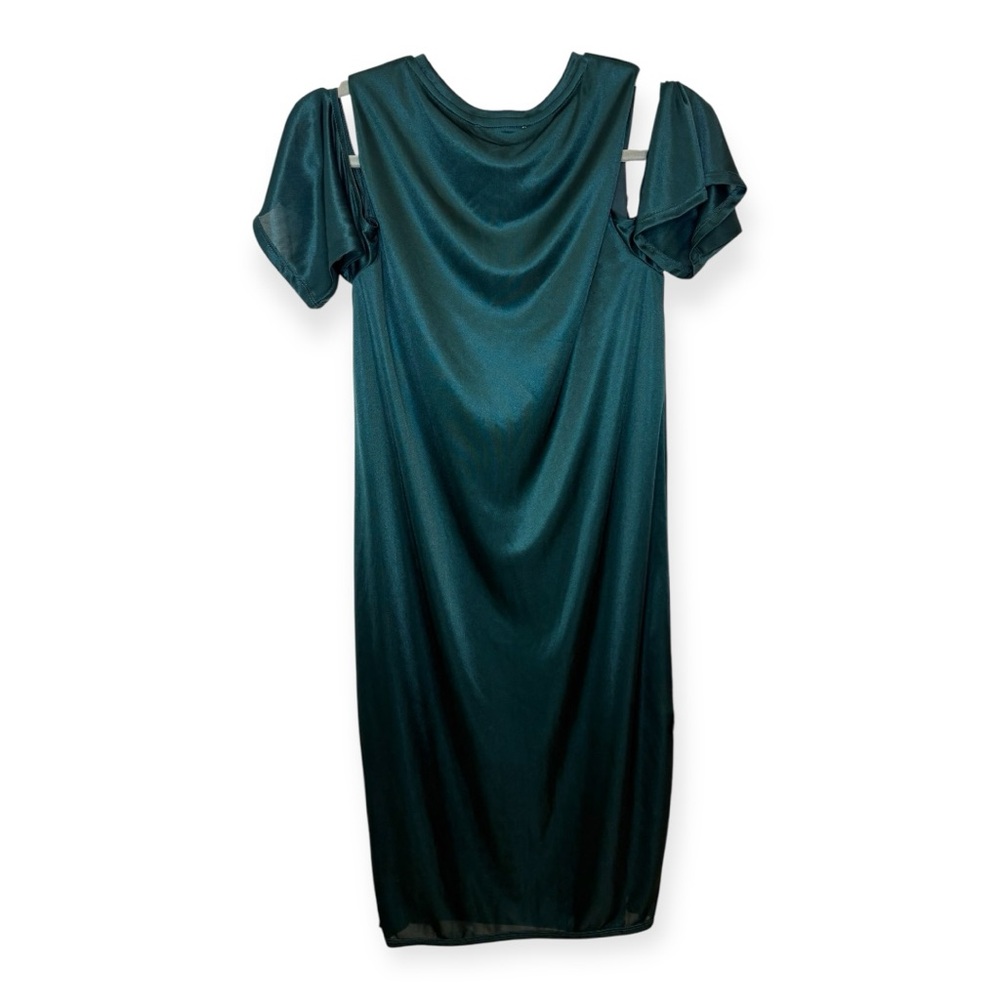 ZARA TRF Emerald Green Satin Midi Dress Cold Shoulder Evening Formal Small NWT - Picture 2 of 6